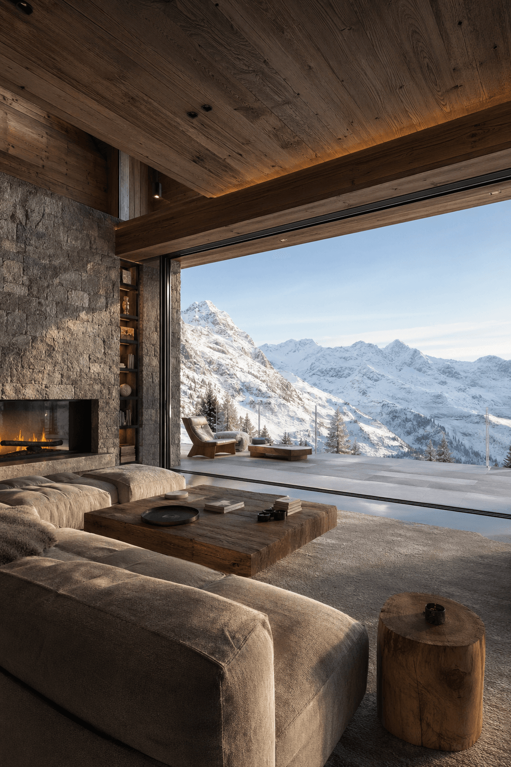 Baie vitrée XXL, chalet alpin, sliding wall.