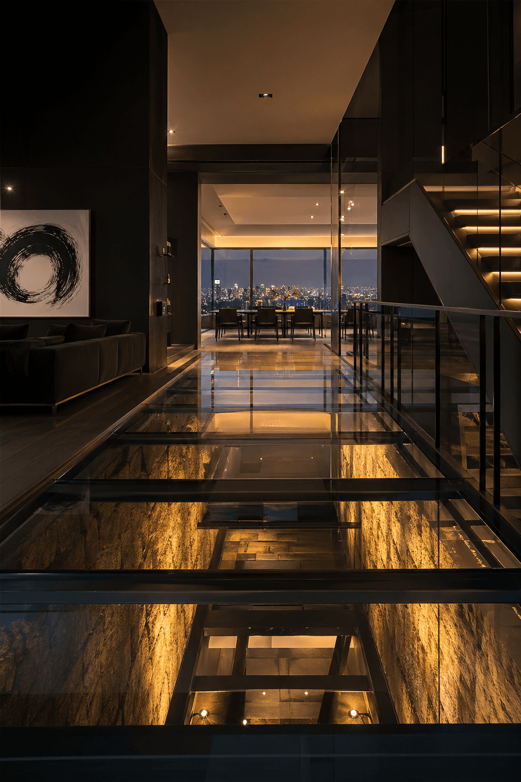 Plancher en verre éclairé en penthouse.
