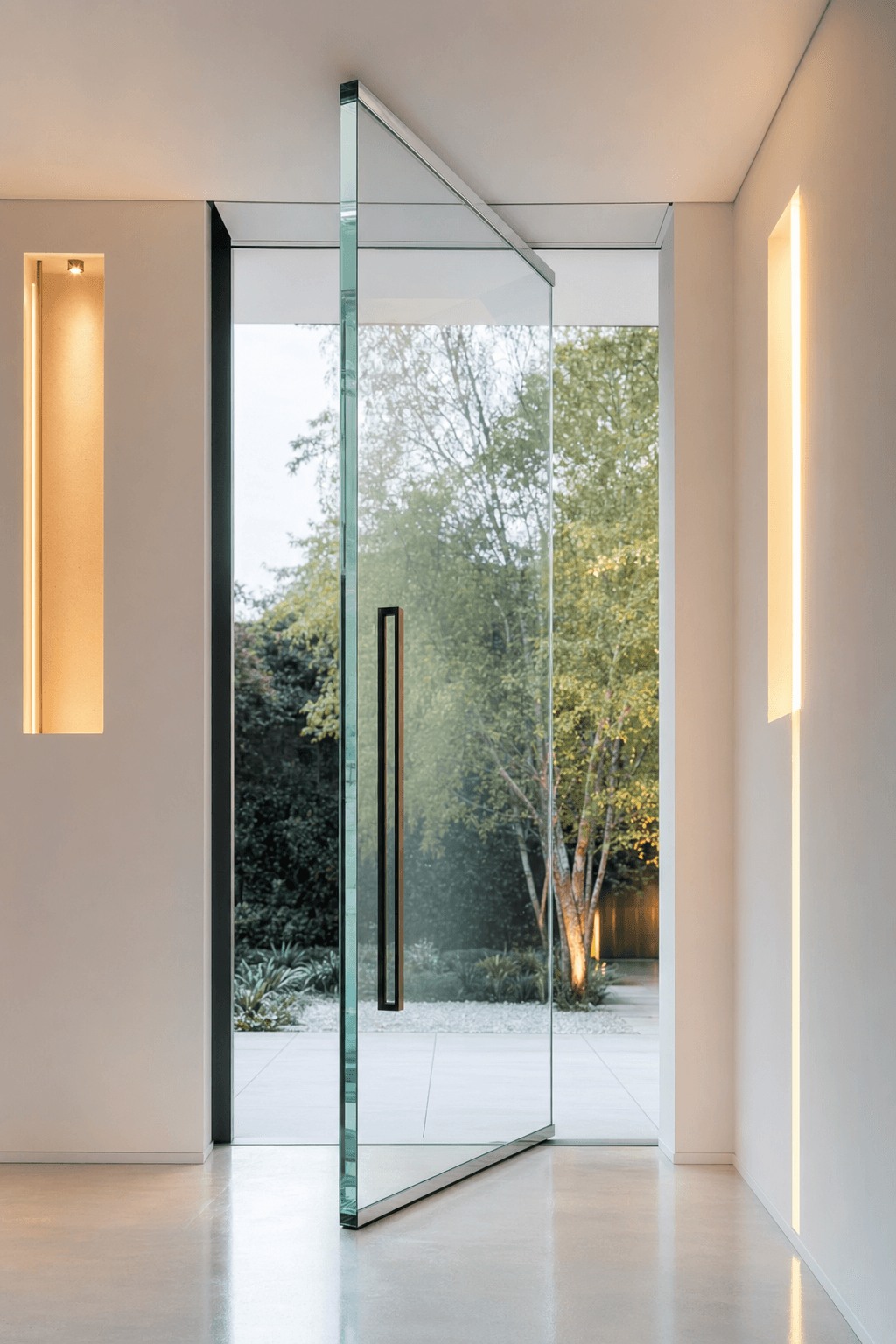 Porte vitrée pivotante VERTIGE — verre extra-clair, mécanisme invisible.