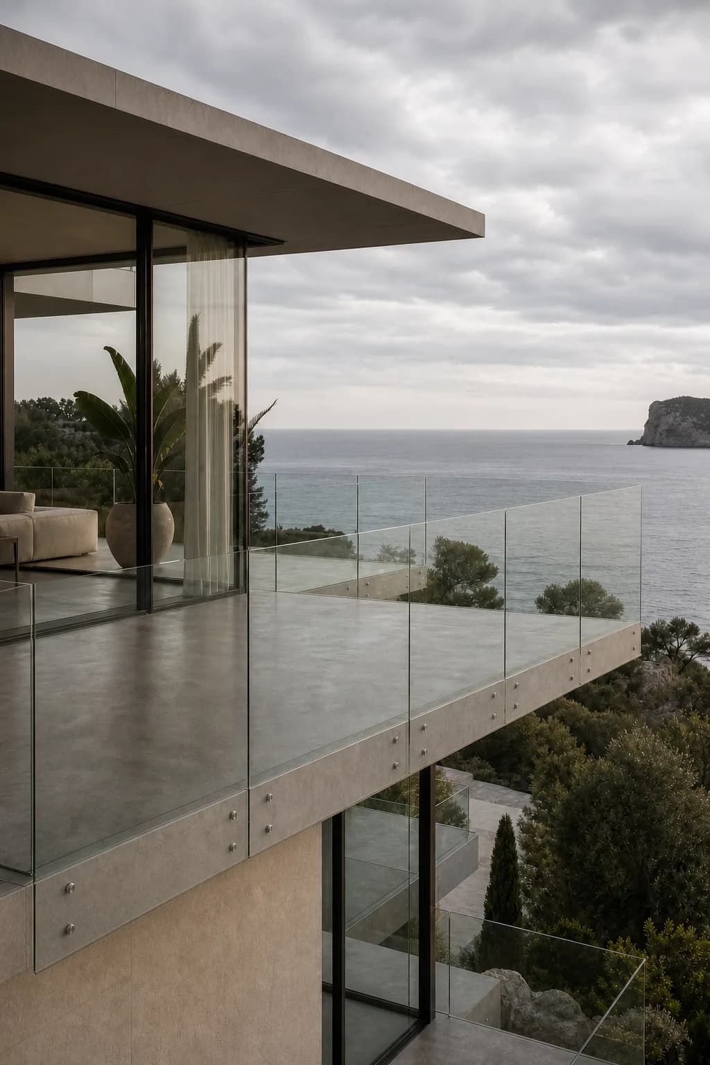 Garde-corps en verre dans un chalet d'altitude.